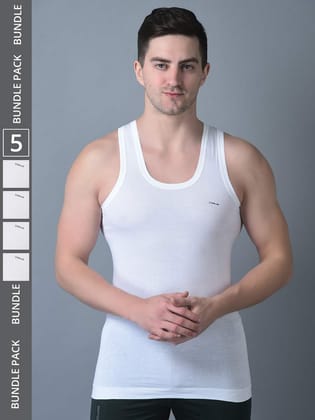 Men's White Pack of 5 Solid Combed Cotton Shrinkless Vest