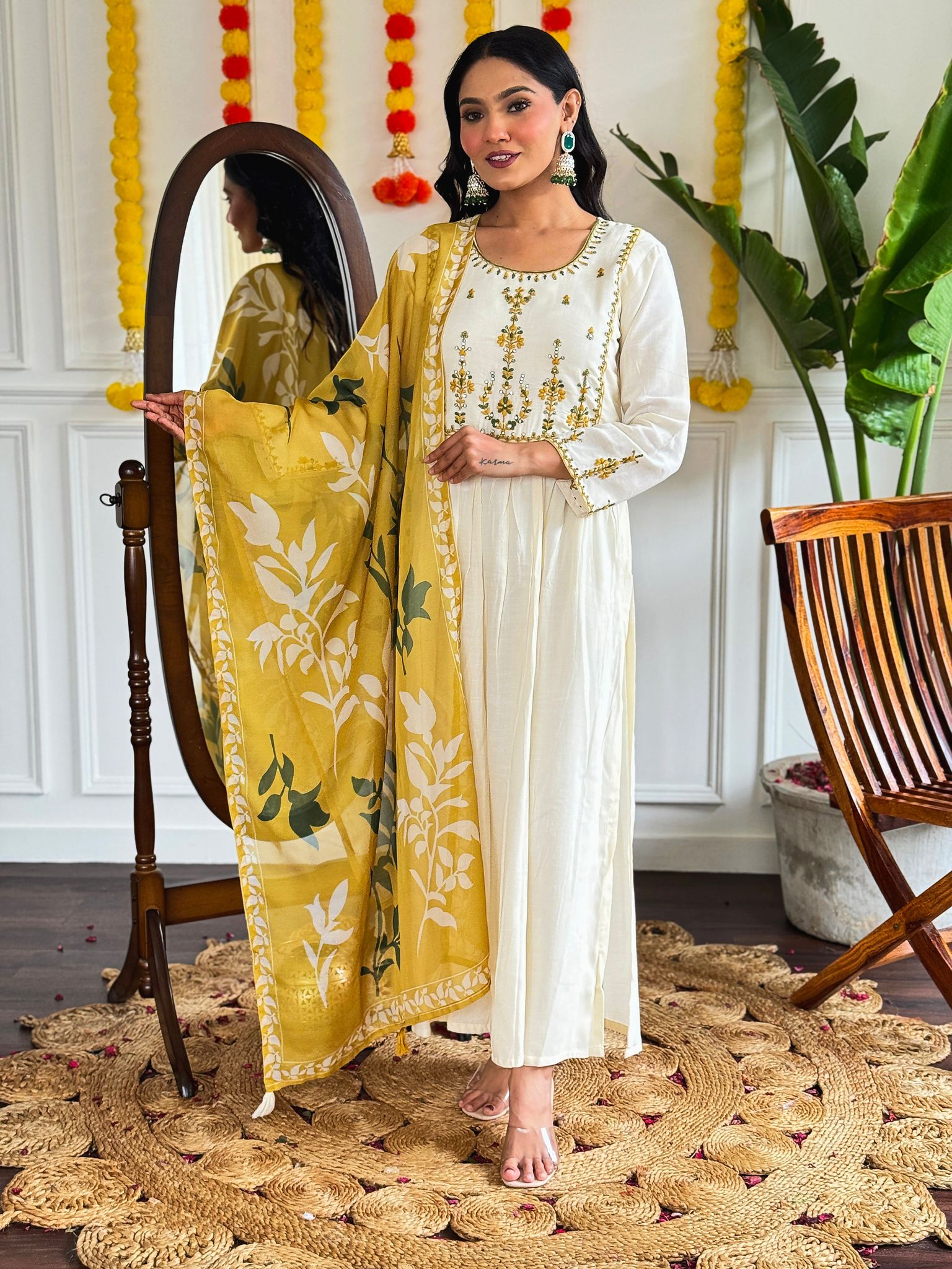 Women Ethnic Motifs Embroidered Regular LILEN&nbsp;Cotton Kurta with Trousers &amp; With Dupatta-S