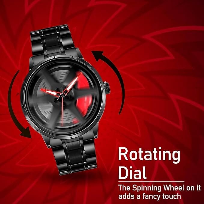 Men's Car Wheel Watch with Spinning Car Rim Hub Design|| Analog Stainless Steel || Quartz Movement|| Water Resistant, Scratch Resistant