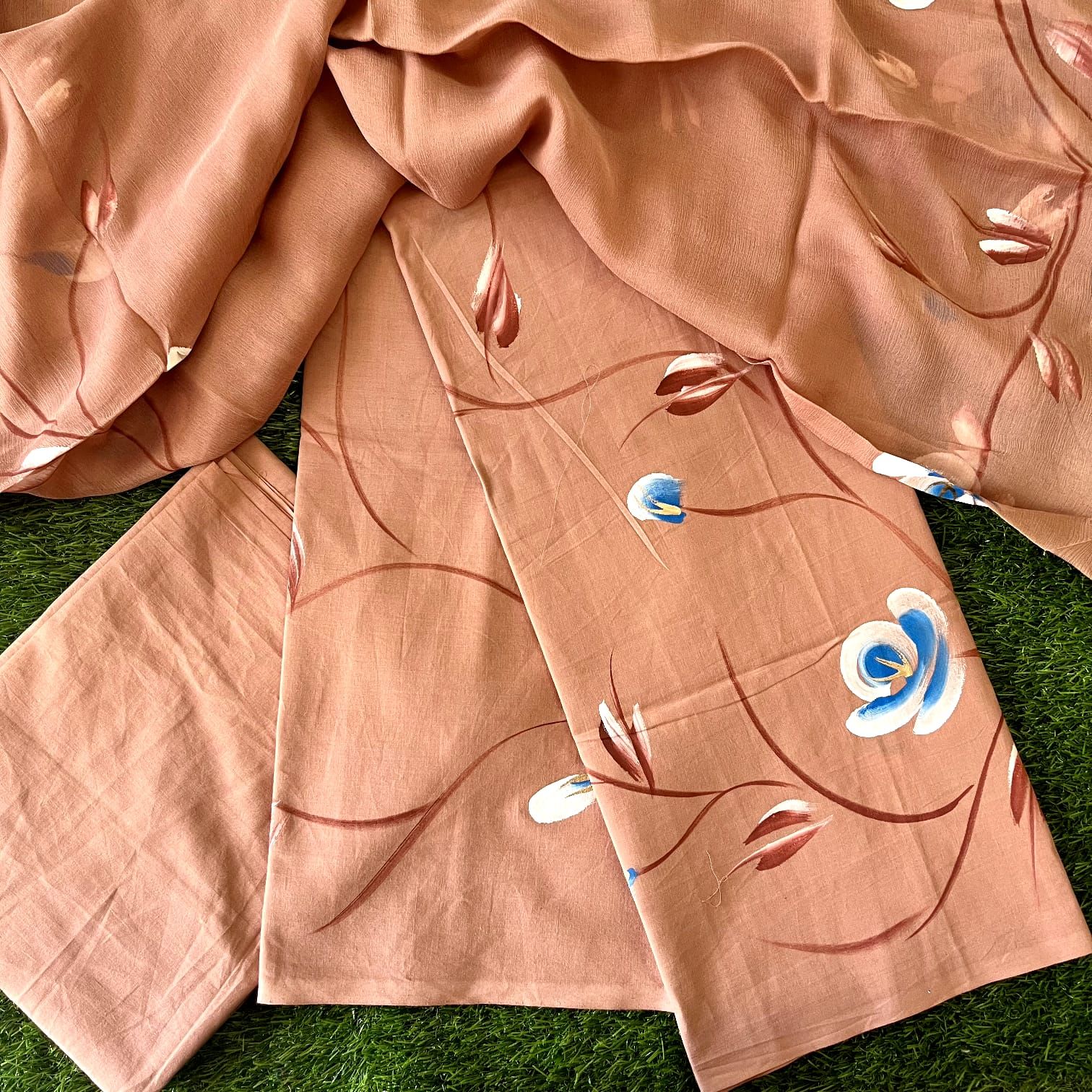 Pure Cotton Unstitched Suit With Chiffon Dupatta-As shown in picture / 2.5 mtr each / Pure cotton with chiffon dupatta