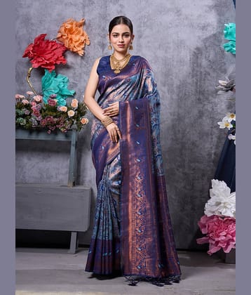 Saree Exotica Kanjivaram Silk Woven Saree With Unstitched Blouse Piece ( Blue )
