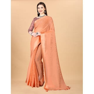 Peach Colour Chiffon Solid Printed Saree With Blouse Piece
