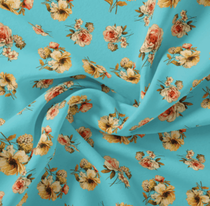Lovely Periwinkle Flower With Blue Turquoise Digital Printed Fabric - Pure Georgette