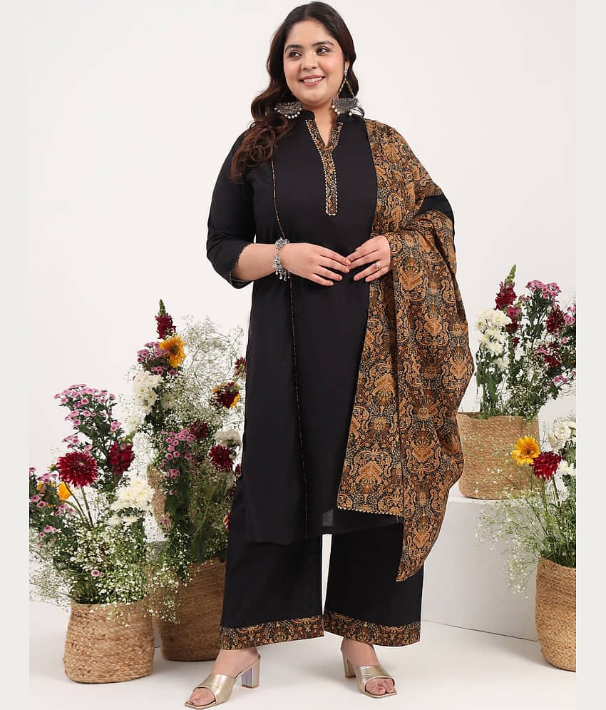 Tissu Women's Cotton Solid Kurti With Palazzo ( Black )