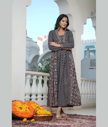 Vbuyz Cotton Printed Anarkali Women's Kurti - Black ( Pack of 1 )