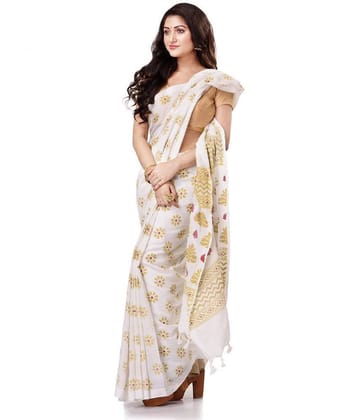 Desh Bidesh White Bengal Handloom Saree - Single - White