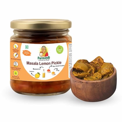 FarmDadi Masala Lemon Pickle 350g Organic | Indian Homemade Nimbu ka Achar with No Onion & Garlic | Masala & Sour Oil-Free Pickle | Traditional Grandma-Style Recipe | Organically Processed