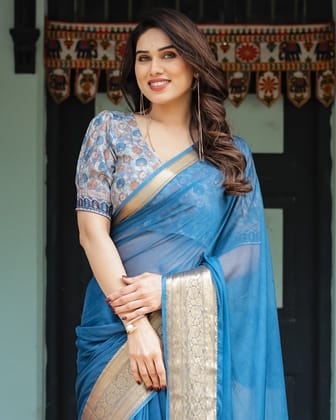 Vibrant Peacock Blue Plain Chiffon Saree with Gold Zari Border, Floral Printed Blouse & Tassel Accents-Regular