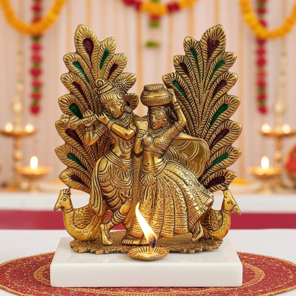 Aluminium Radha Krishna Idol ? Traditional Home Decor Statue, Height : 8 Inch (ASMAS373 G)