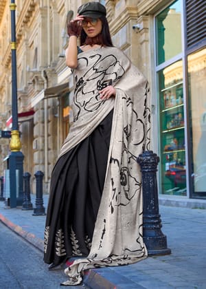 Cloudy Grey And Black Satin Crepe Printed Saree