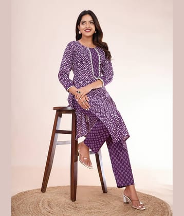 Women Basket Cotton Blend Printed Kurti With Pants Women's Stitched Salwar Suit - Purple ( Pack of 1 )