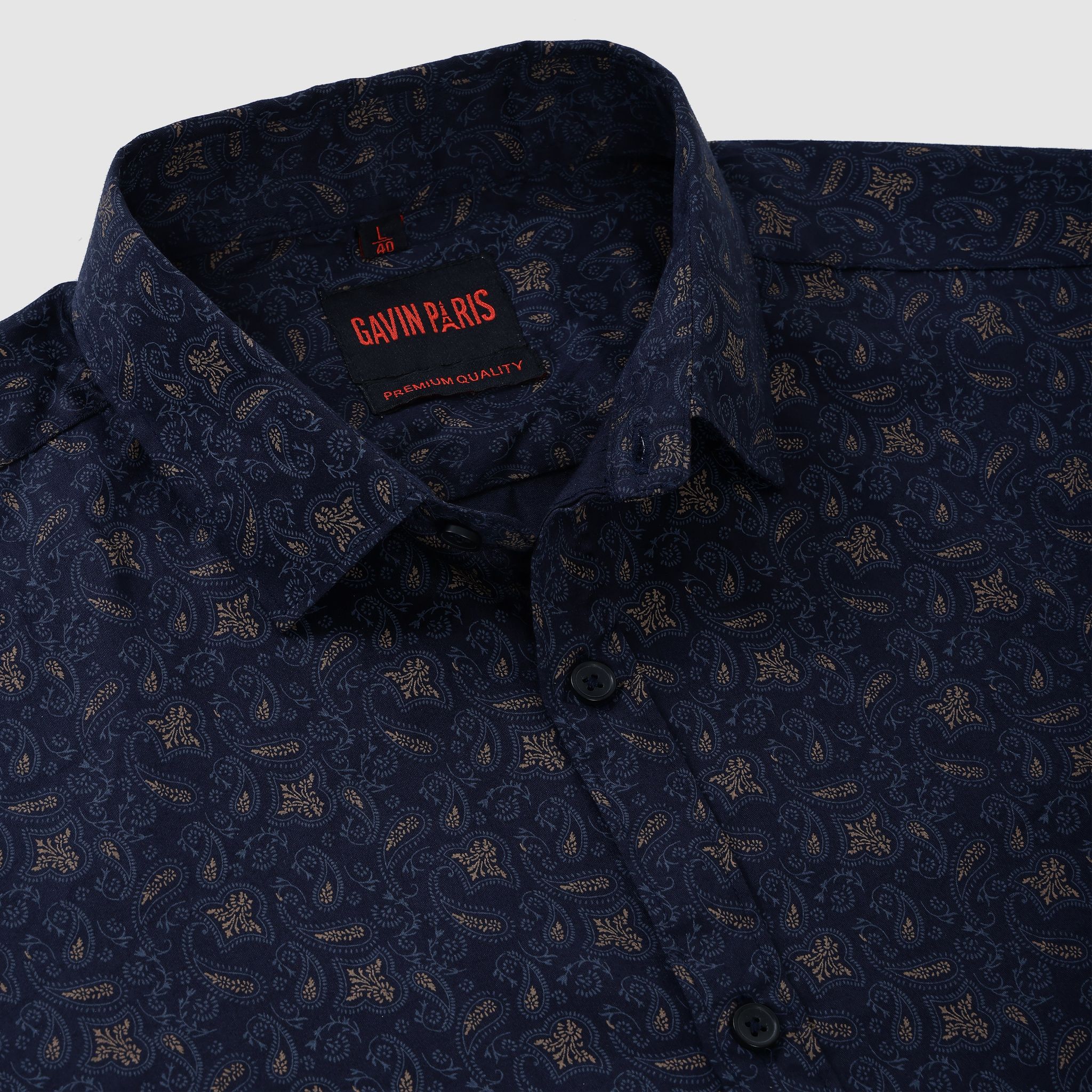 Navy Blue Paisley Motif Men's Slim Fit Full Sleeve Shirt (GP301)-M-38 / Full Sleeve
