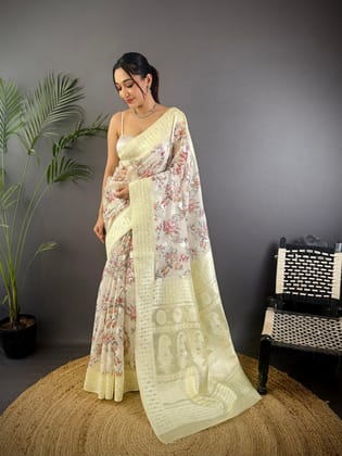 Grey Silk Floral Motifs Coppery Tone Contrast Floral Border Banarasi Saree