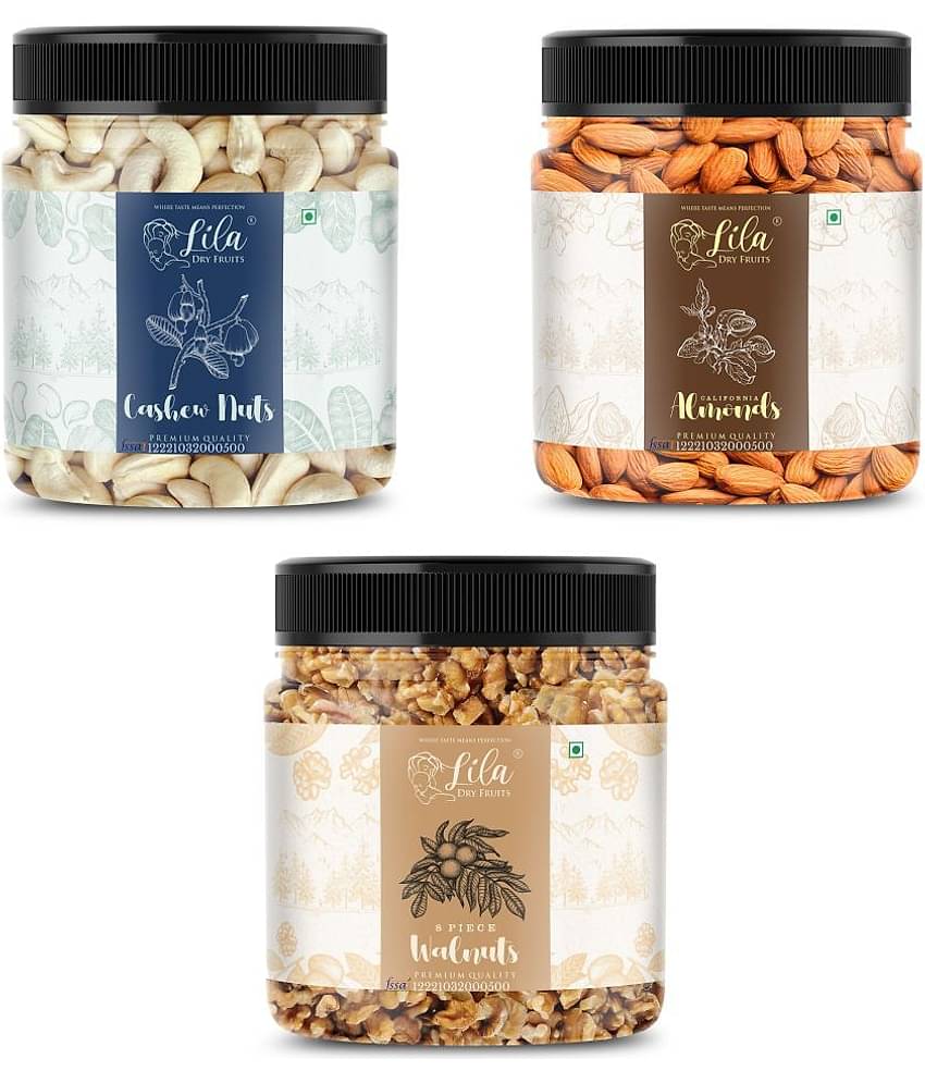 Lila Dry Fruits Cashew (100gm), Almond(100gm) & Walnut(100 gm) Combo | Kaju Badam Akhrot Combo