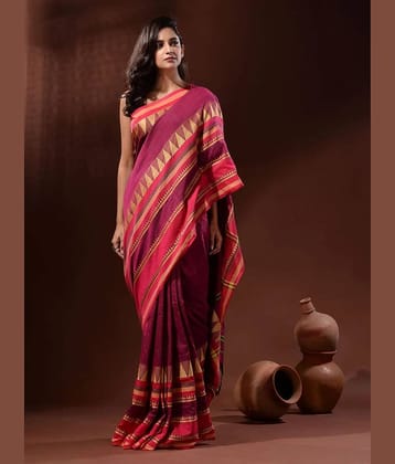 SARADA HANDLOOM Cotton Striped Saree With Unstitched Blouse Piece ( Rani )