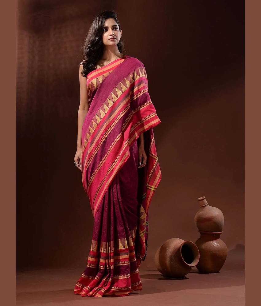 SARADA HANDLOOM Cotton Striped Saree With Unstitched Blouse Piece ( Rani )