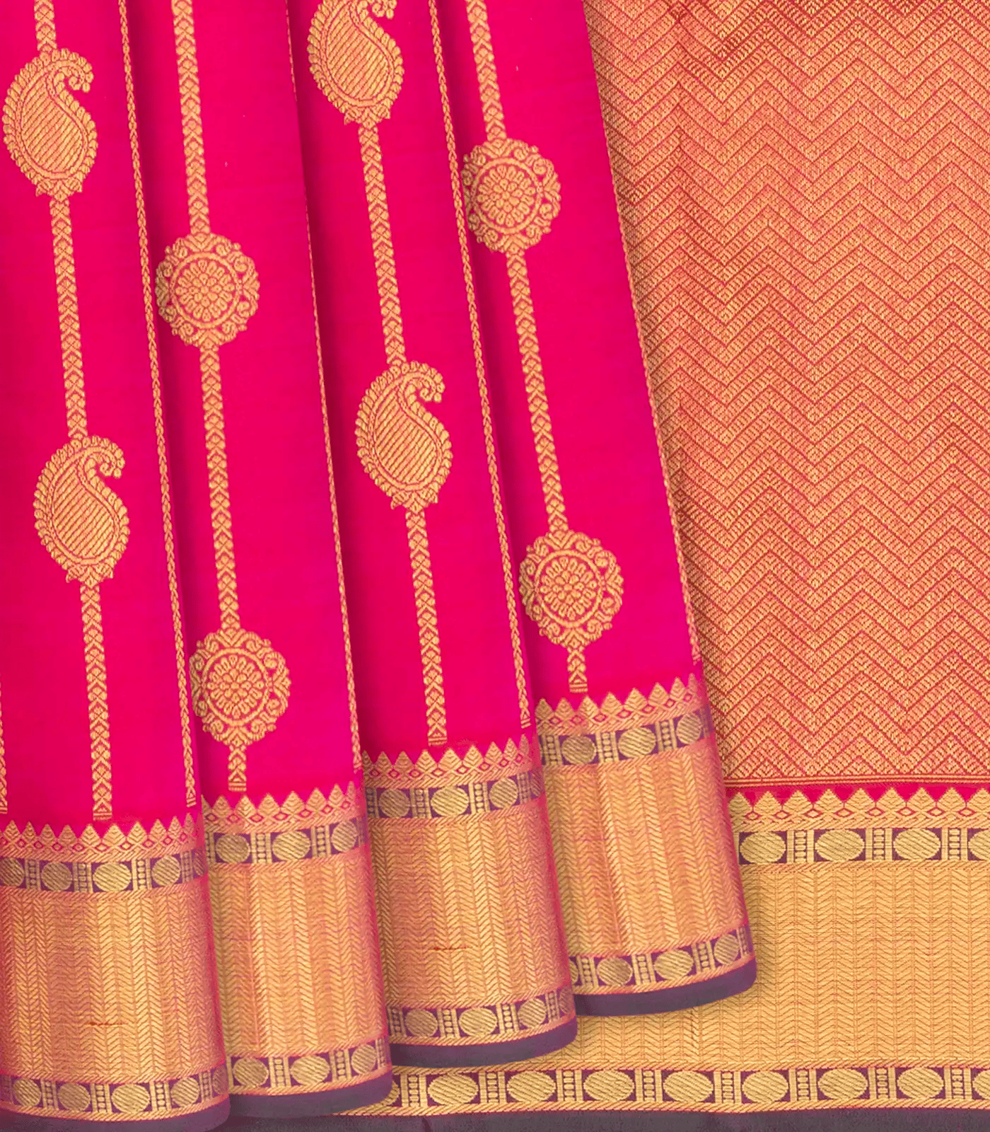Hot Pink Handloom Kanchipuram Silk Saree With Mango Motif Stripes-Hot Pink-Hot Pink