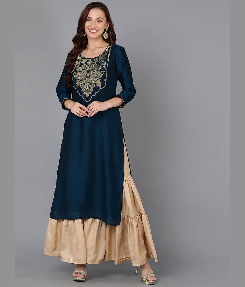 Vaamsi Silk Blend Embroidered Straight Women's Kurti - Teal ( Pack of 1 )