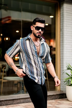 Blue Zig-Zag Stripe Crochet Shirt Blue Zig-Zag Stripe Crochet Shirt