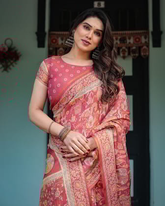 Crimson Red Handloom Cotton-Linen Saree with Mythological Motifs and Floral Border-Regular