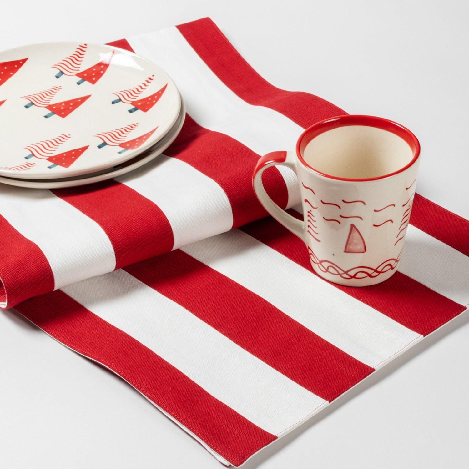 Red and White Striped Cotton Patchwork Table Runner-13x58 inches / 100% Cotton Canvas / White / Red