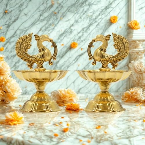 CraftVatika Pure Brass Diya, Peacock Design Brass Diya Set of 2, Kuthu Vilakku for Home Diwali Decor Items, Oil