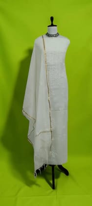 Lucknow Chikankari Mul Cotton Dress Material with Dupatta, White & Ivory