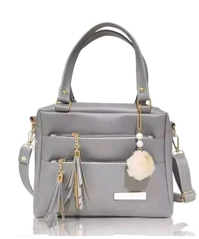Chic Grey Handbag – Stylish Shoulder Bag with Tassels & Pom-Pom Charm for women