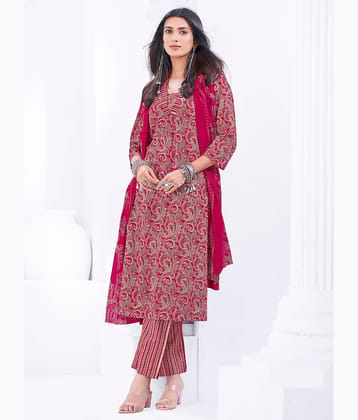 shree jeenmata collection Women Cotton Printed A-line Kurti With Pants ( Pink )