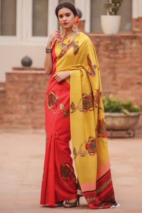 Exceptional Red Color Linen Digital Printed Saree