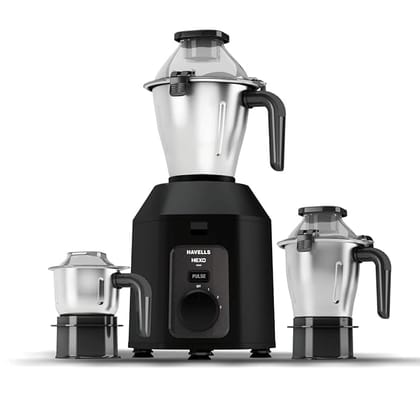 Havells Hexo Plus 1100 Watts 3 Jar Mixer Grinder| High Speed Mixie 22000 RPM motor| 100 Minutes Continuous Run Time|SS Jars with Handle| Metal Jar Base| 5 Year Motor Manufacturer Warranty (Black)