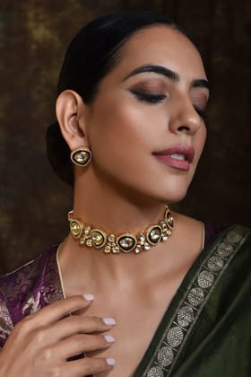 Vrishkha Green Gold Plated Polki Choker Necklace Set-Polki