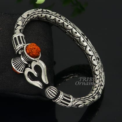 925 Sterling silver handmade chitai work Lord Shiva trident trishul kada bangle bracelet with natural Rudraksha customized kada nsk593