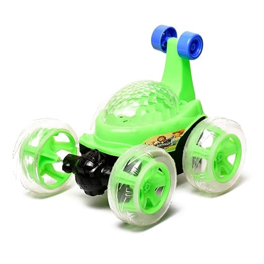 Braintastic Rechargeable Remote Control Jungle Safari RC Acrobatic 360 Degree Spiral Spin Twisting Stunt Car with Colorful Lights & Music Toys for Kids 5+Years (Green)