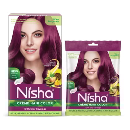 Nisha Creme Hair Color Combo Pack Wine Burgundy (120g Box & 40g Pouch), Permanent Hair Colour for Women & Men