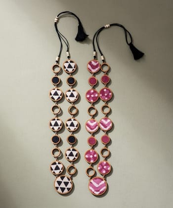 Reversible 2-in-1 pink black repurposed fabric wood necklace
