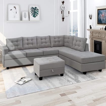 Starlet Furniture Sofa Set of 3 with Chaise Lounger and Storage Ottoman, L Shape Couch for Living Room Home Furniture Set (Light Grey)