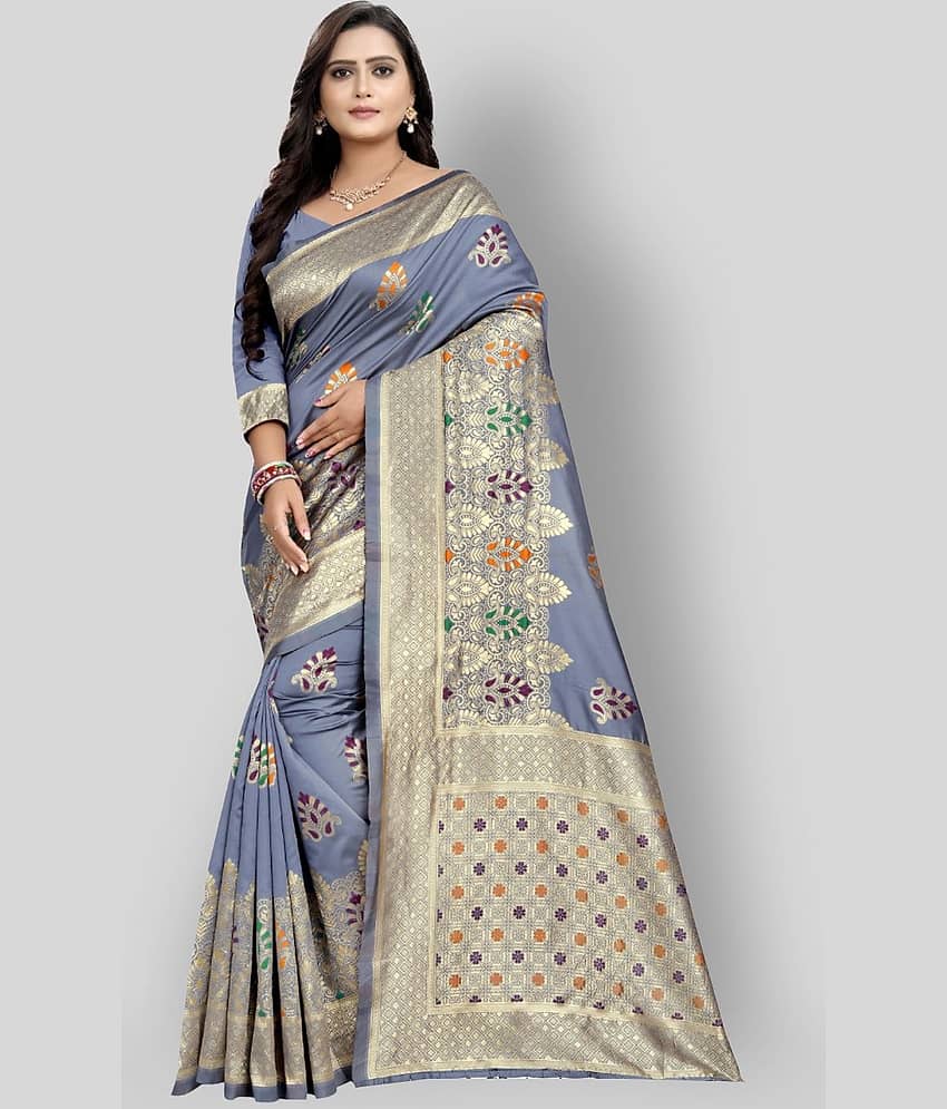 NENCY FASHIONS Banarasi Silk Printed Saree With Unstitched Blouse Piece ( Light Grey )
