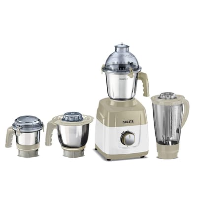 Sujata MG03 Mixer Grinder |1000 Watts Double Ball Bearing Motor|24000 RPM|Non-Stop 90 Mins Running|4 Jars including 1750ml Blender with Coconut Milk Extractor, 1500ml, 1000ml, 500ml Jar| Beige & White Sujata MG03 Mixer Grinder |1000 Watts Double Ball Bea