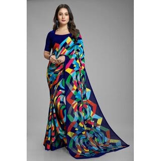 Multicolour Pure Georgette Printed Saree With Blouse Piece