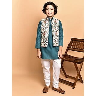 PrintCultr Boys Festive & Party Kurta, Waistcoat and Pyjama Set (Green)