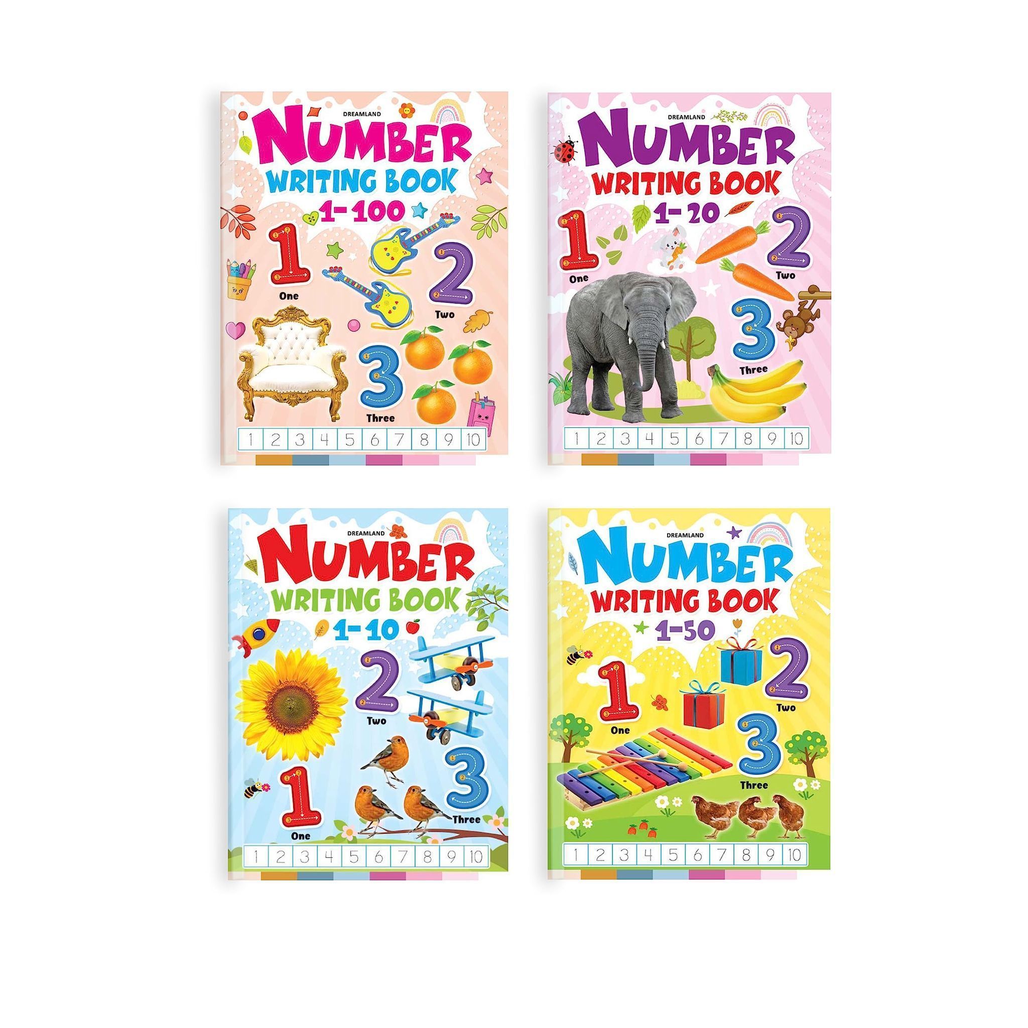 Number Writing Practice Books Pack for Age 2 -5 Years - A Set of 4 Writing Practice Books | 1 -10, 1- 20, 1-50, 1- 100 [Paperback] Dreamland Publications