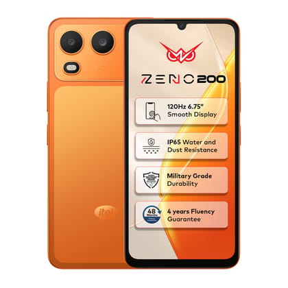Itel Zeno 200 (Comet Orange, 4 GB RAM, 128 GB Storage) | 6.75" HD+ Display | 120 Hz Refresh Rate | IP65 Dust & Water Resistance | 13 MP Camera | 5000 mAh Battery | Charger in Box Itel Zeno 200 (Comet Orange, 4 GB RAM, 128 GB Storage) | 6.75" HD+ Display Itel Zeno 200 (Comet Orange, 4 GB RAM, 128 GB Storage) | 6.75" HD+ Display | 120 Hz Refresh Rate | IP65 Dust & Water Resistance | 13 MP Camera | 5000 mAh Battery | Charger in Box Itel Zeno 200 (Comet Orange, 4 GB RAM, 128 GB Storage) | 6.75" HD+ Display