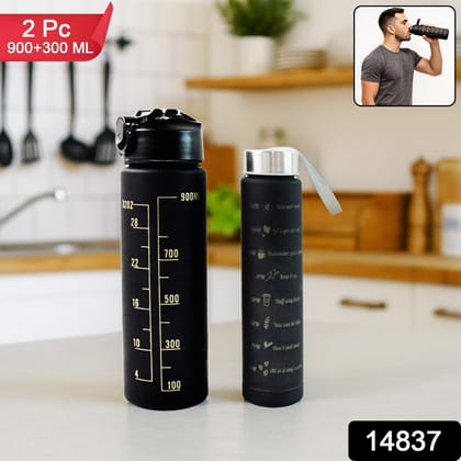 2 Pc Premium Black Motivational Water Bottle Set (900 ML + 300 ML)