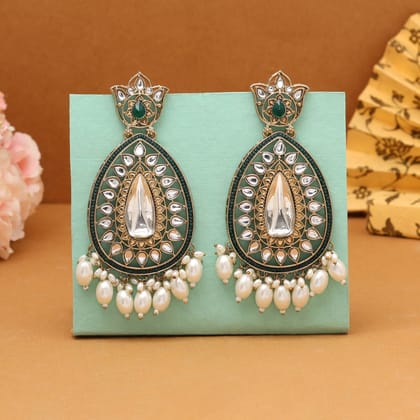 Rama Green Color Kundan Earrings (KDE1033RGRN)-Default Title / green / Alloy with Good Quality Mehendi Gold Plated