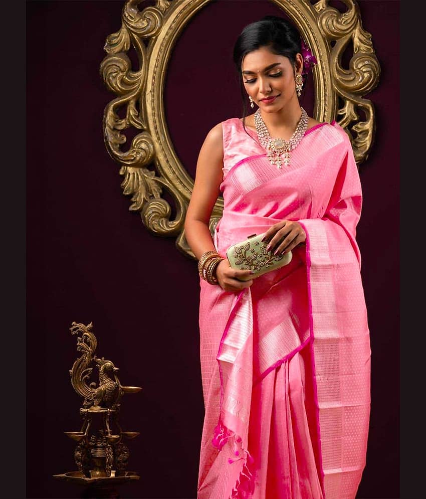BLEESBURY Banarasi Silk Woven Saree With Unstitched Blouse Piece ( Pink )