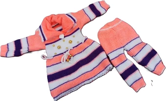 Tech & Future Handmade Knitted Baby Set, Striped Sweater and Pants with Gold Buttons, Pink Blue White Multi-Color, 2-Piece Winter Outfit (0 Size)