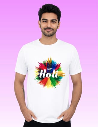 Color Splash Happy Holi Polyester T-Shirt 140 GSM Round Neck White