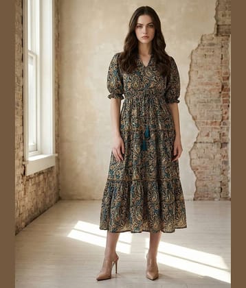Femvy Women Crepe Printed Fit & Flare Dress ( Yellow )