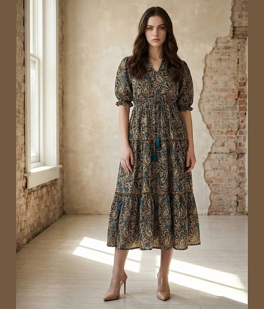 Femvy Women Crepe Printed Fit & Flare Dress ( Yellow )